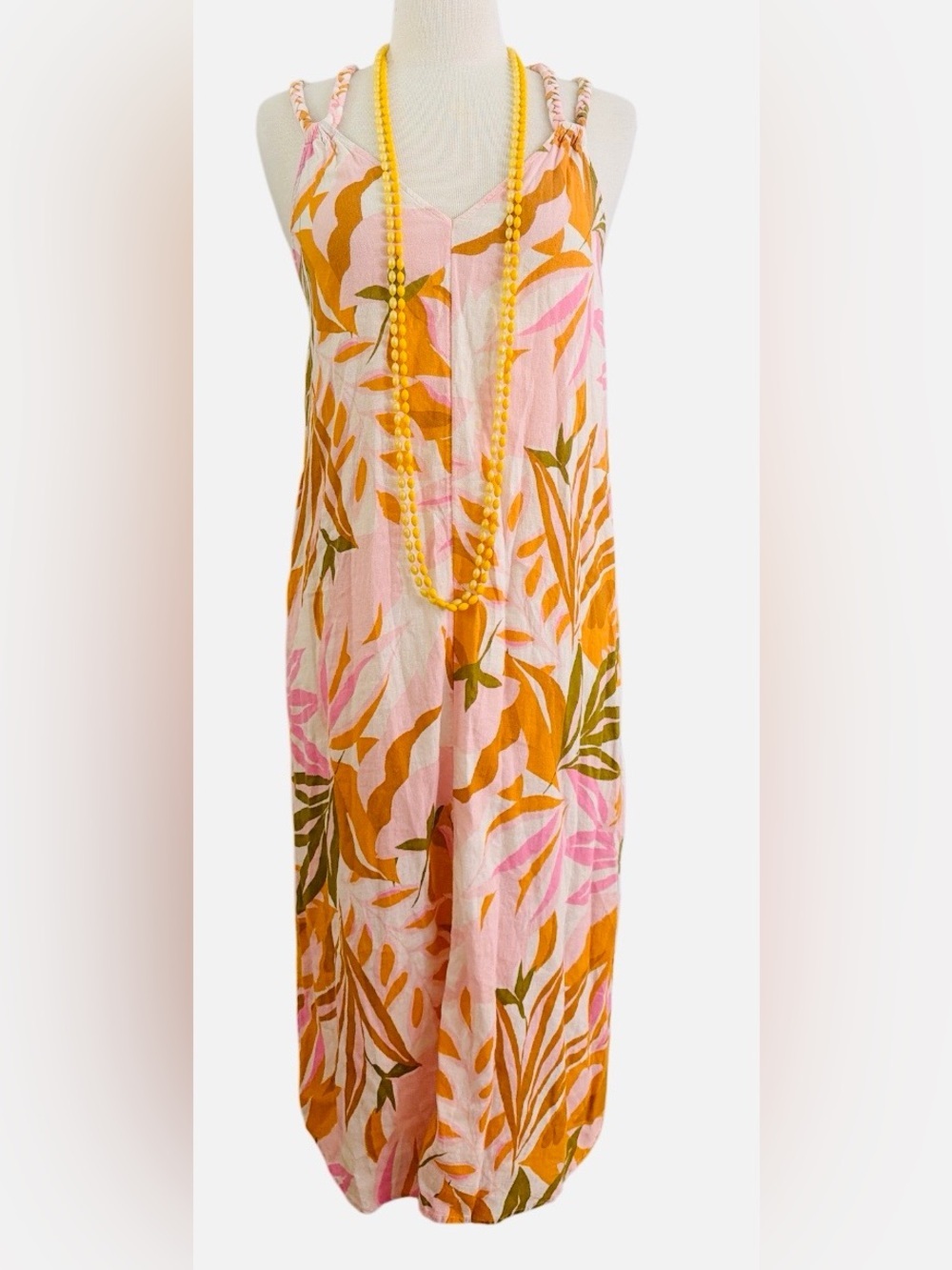 C&C California LINEN BLEND Pink and Mustard Floral Midi Dress